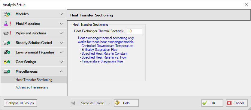 The default state of the Heat Transfer Sectioning panel in the Miscellaneous Group of the Analysis Setup window.